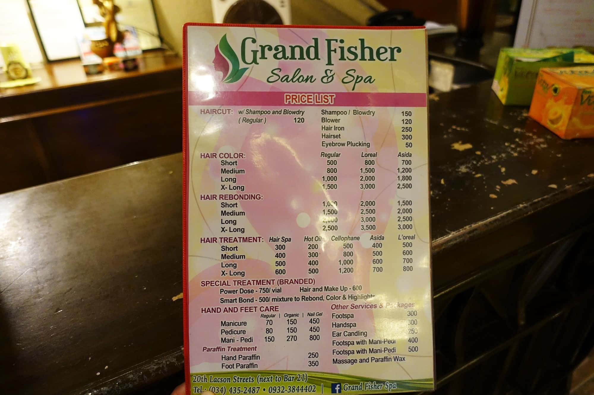 バコロドのマッサージショップ Grand Fisher Salon & Spa グランドフィッシャーサロンスパの料金表
