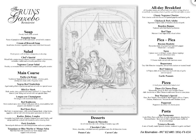 フィリピン留学バコロドのThe RUINS ルインズのレストランTHE RUINS GAZEBOのメニュー表