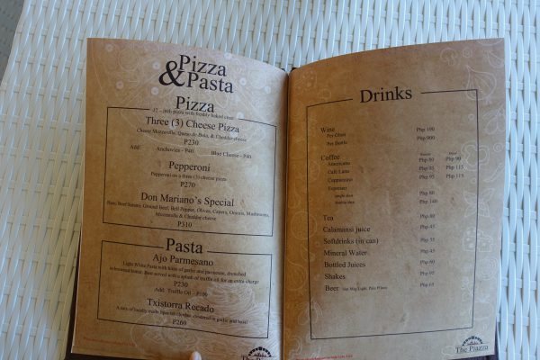 フィリピン留学バコロドのThe RUINS ルインズのレストラン Gazebo Restaurantのメニュー表