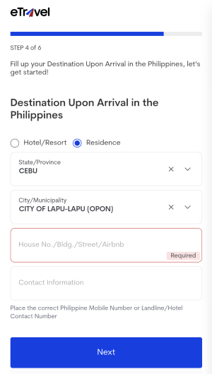 フィリピン入国前のe-travelの登録画面